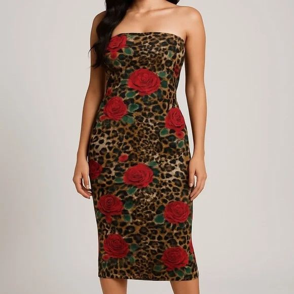 DNA Couture Leopard Print Strapless Midi Dress with Red Rose Accents - Medium - Picture 13 of 16